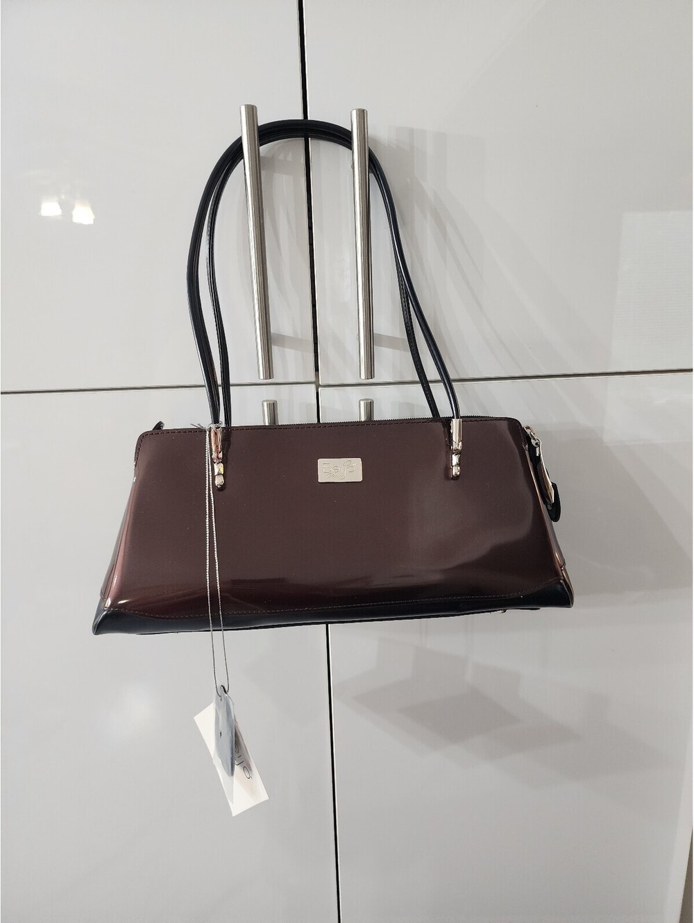 Beijo Classic Brown Patent Leather Shoulder Bag New with tag, 13" Width